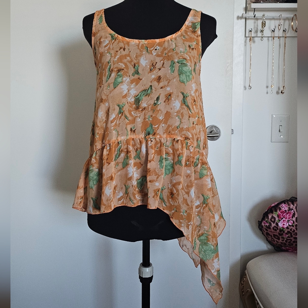 Rienda Onee Gyaru Floral Asymmetrical Hem Sheer Tank Top